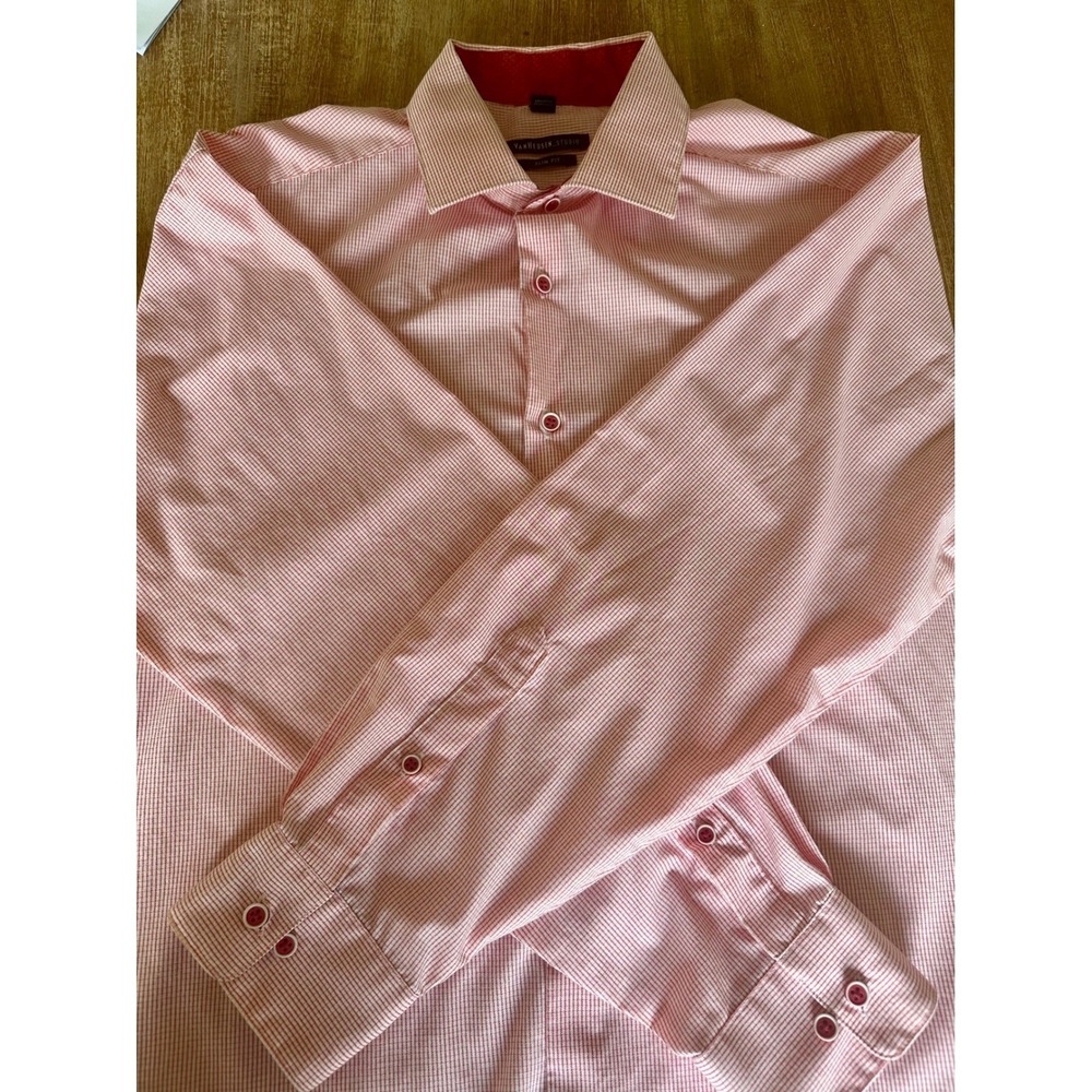 Van Heusen Studio Mens Slim Fit Dress Shirt Red White Check Long Sleeve 32/33
